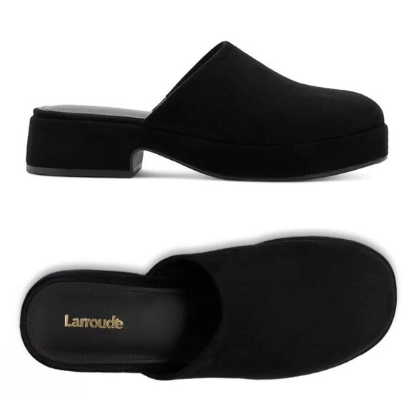 Larroude Miso Flatform Platform CLOGS Slip On Size 8.5 Black Suede Leather EUC - Picture 1 of 16